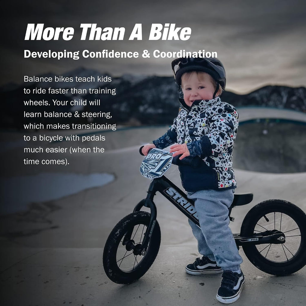 Strider 12' Pro Bike, No Pedal Balance Bicycle for Kids 1 to 4 Years - Includes Safety Pad, Padded Seat, Mini Grips & Flat-Free Tires - Tool Free
