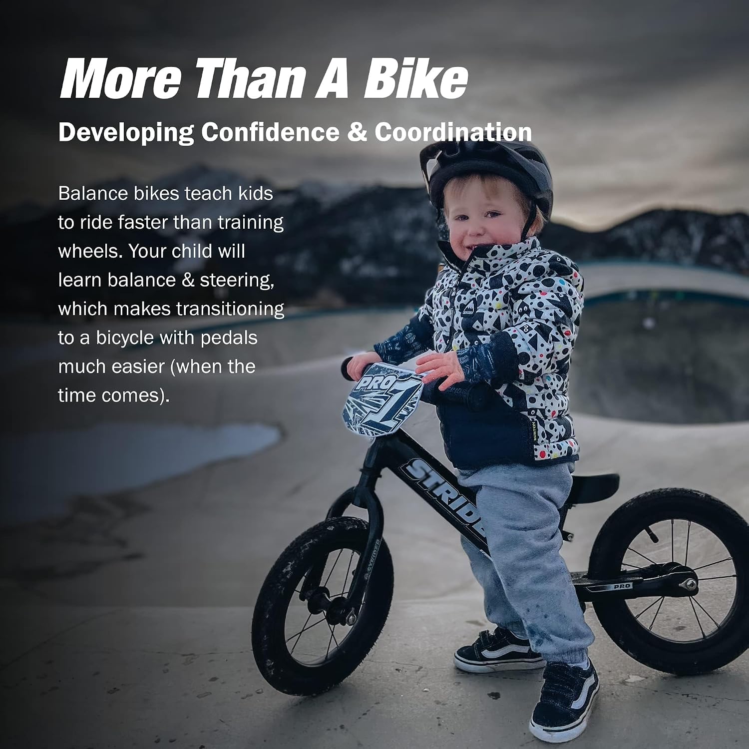 Strider 12' Pro Bike, No Pedal Balance Bicycle for Kids 1 to 4 Years - Includes Safety Pad, Padded Seat, Mini Grips & Flat-Free Tires - Tool Free