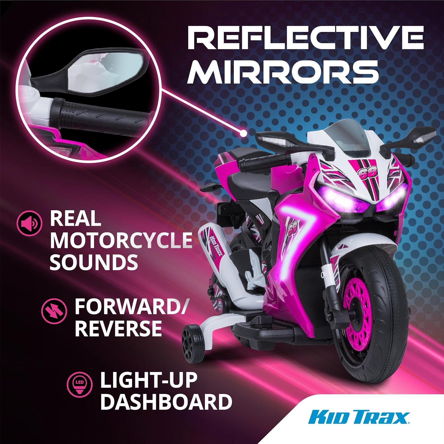 Kid Trax 6V Glow Electric Toddler Kids Motorcycle - Toddler Bike, Indoor/Outdoor Toys, Durable, LED Headlights and Body Light, Realistc Sounds, Kids Ride On Toys, Max Weight 65lbs, Ages 3+, Pink