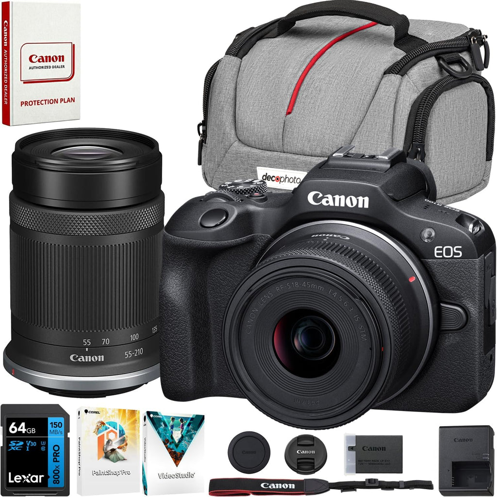 Canon EOS R100 Camera w/RF-S18-45mm F4.5-6.3 + RF-S55-210mm F5-7.1 is STM Lens Bundle w/Lexar Premium PRO Blue Series 64GB SDXC Memory Card + Deco Essentials Camera Bag + Corel Photo Video Suite