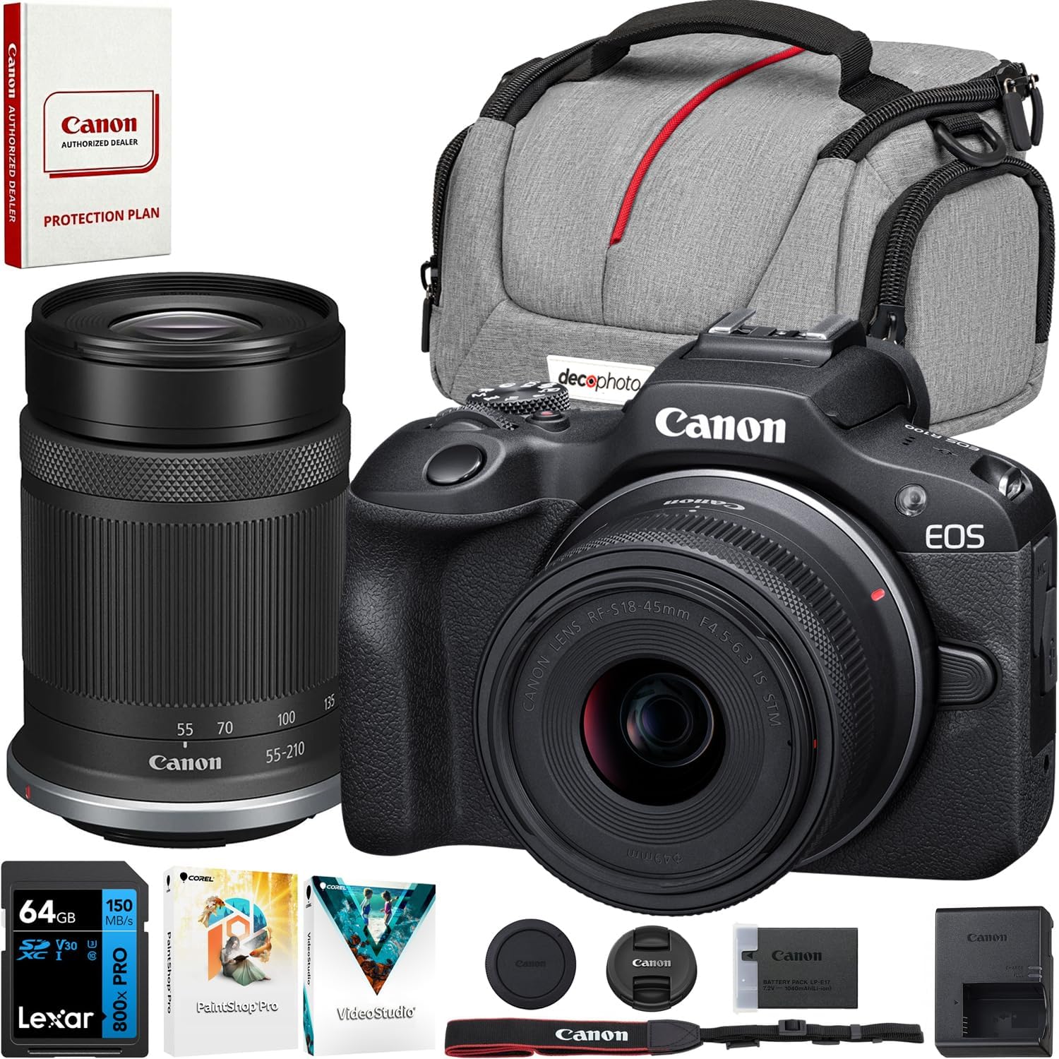 Canon EOS R100 Camera w/RF-S18-45mm F4.5-6.3 + RF-S55-210mm F5-7.1 is STM Lens Bundle w/Lexar Premium PRO Blue Series 64GB SDXC Memory Card + Deco Essentials Camera Bag + Corel Photo Video Suite