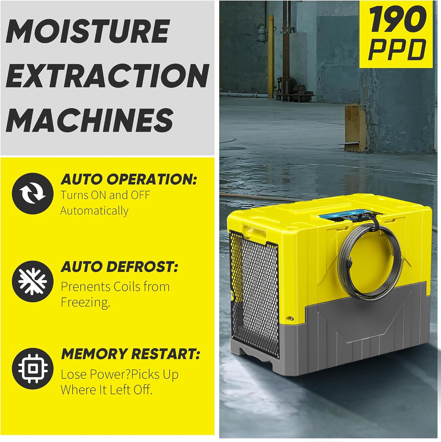 190Pints High Efficiency Commercial Dehumidifier for Basements-6000 Sq.Ft. Industrial Grade Dehumidifiers with Pump & Drain Hose for Crawl Spaces Water Damage Restoration-Light Yellow-1PC