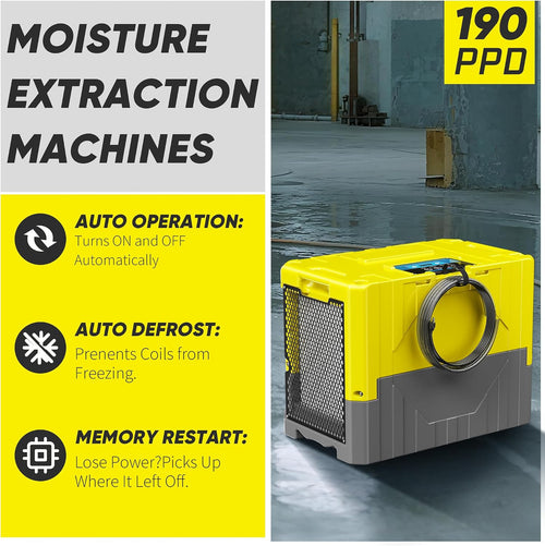 190Pints High Efficiency Commercial Dehumidifier for Basements-6000 Sq.Ft. Industrial Grade Dehumidifiers with Pump & Drain Hose for Crawl Spaces Water Damage Restoration-Light Yellow-1PC