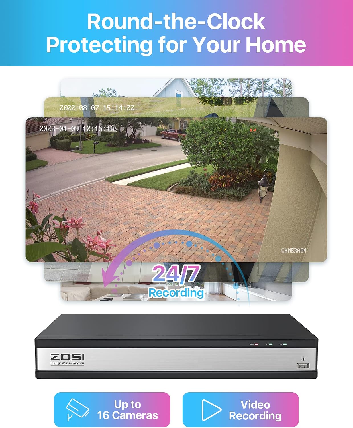 ZOSI 16CH 1080P Surveillance Cameras System 16 channel security video DVR and (8) Bullet Cameras (4) Dome Cameras with 2TB Hard Drive for Outdoor Indoor Security support motion detection remote access