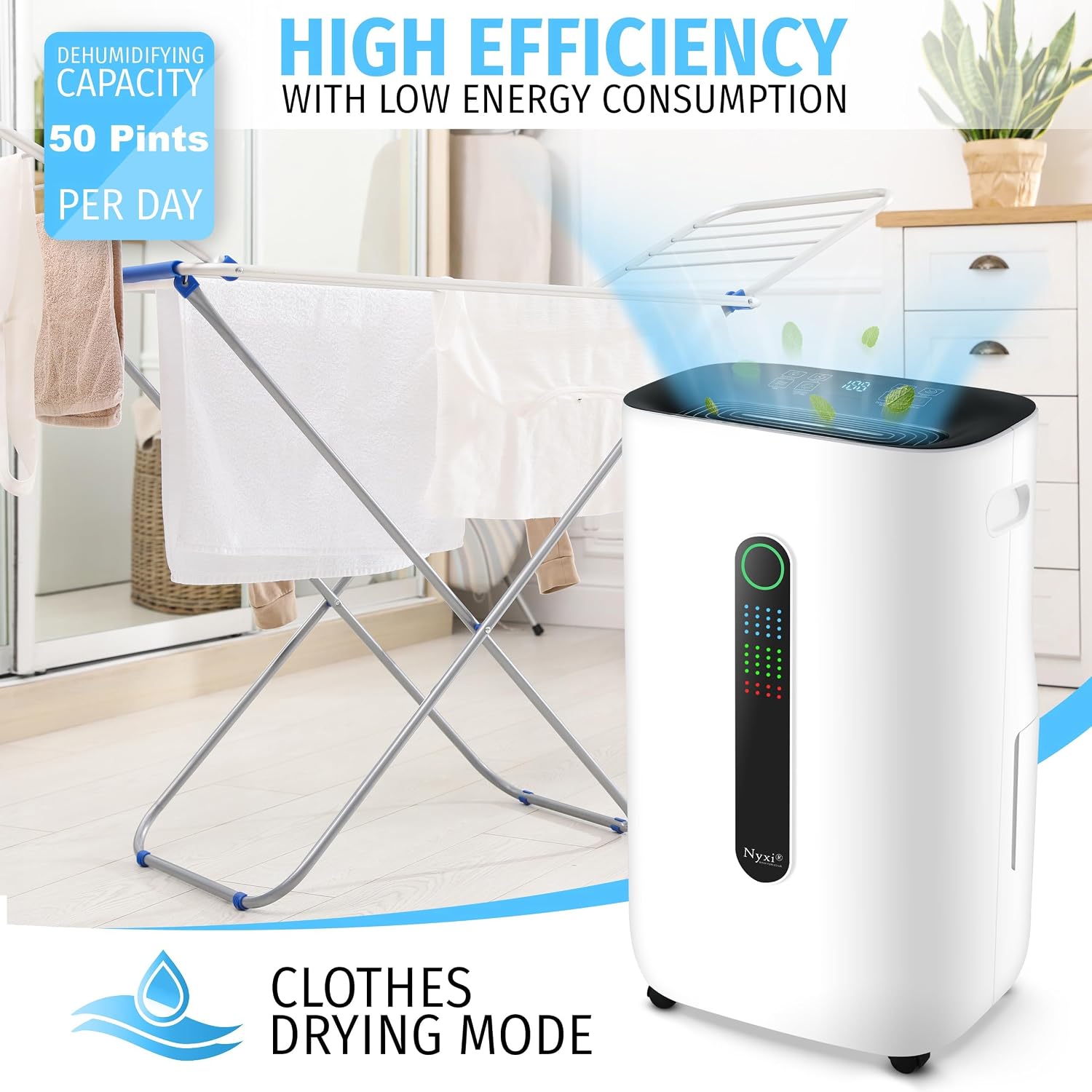 Nyxi 4,500 Sqft / 50 Pints Powerful Compressor Dehumidifier, Smart Digital Humidity Control, XL Water Tank 1.7 Gallon, Drain Hose Option, 24-Hour Timer, Removes Moisture for Home, Laundry, Office