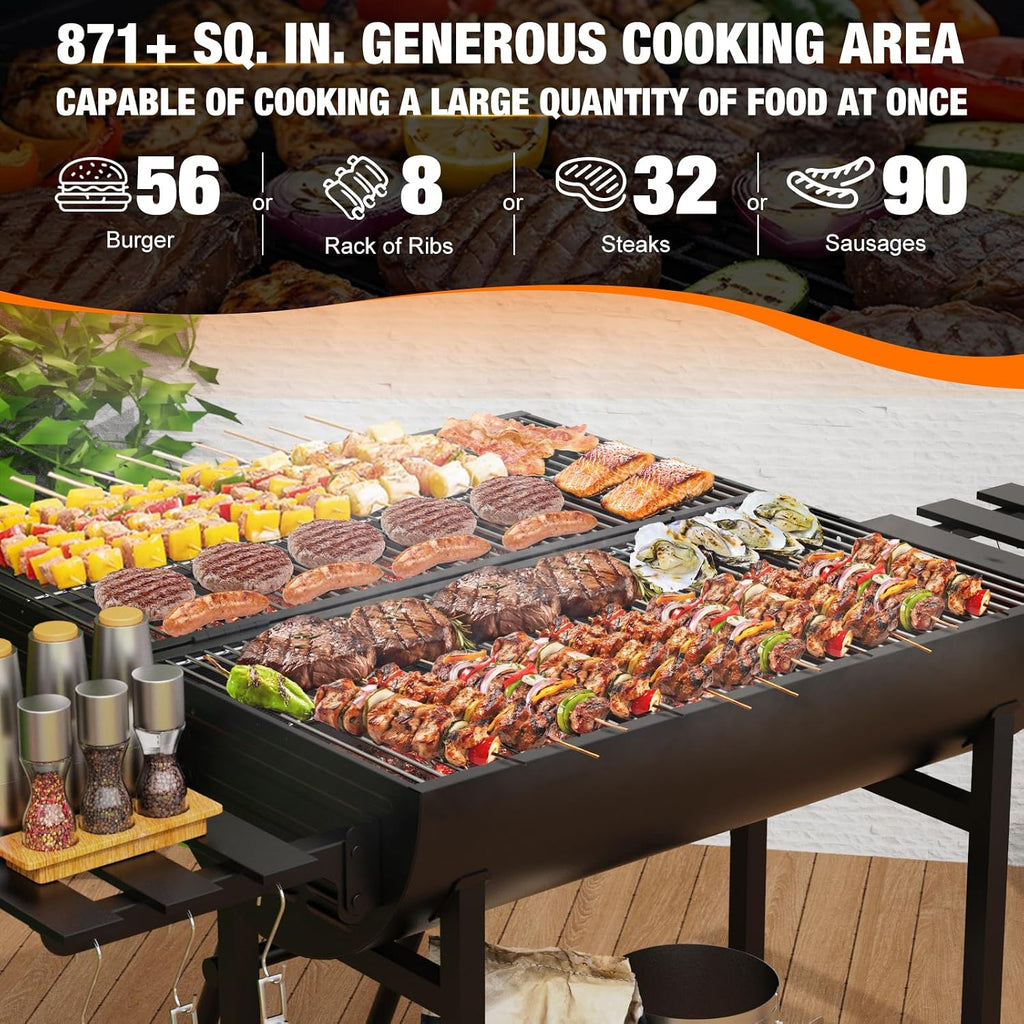 Extra Large Charcoal Barbecue Grill, 871 Square Inches Cooking Space, Outdoor Barrel BBQ Grill with 2 Foldable Side Tables for Outdoor Backyard Patio Picnic Parties Camping, Black