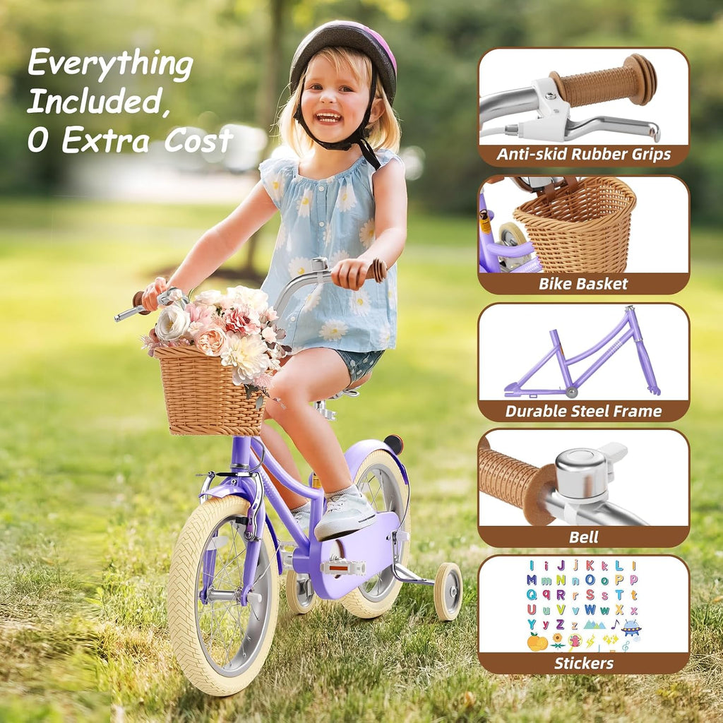 67i Girls Bike with Training Wheels 12/14/16/20 Inch, Toddler Girl Bicycle for Ages 3-12, Bicicleta para Niñas with Basket, Bell, Adjustable Seat & Handlebar, Padded Seat, Chain Guard