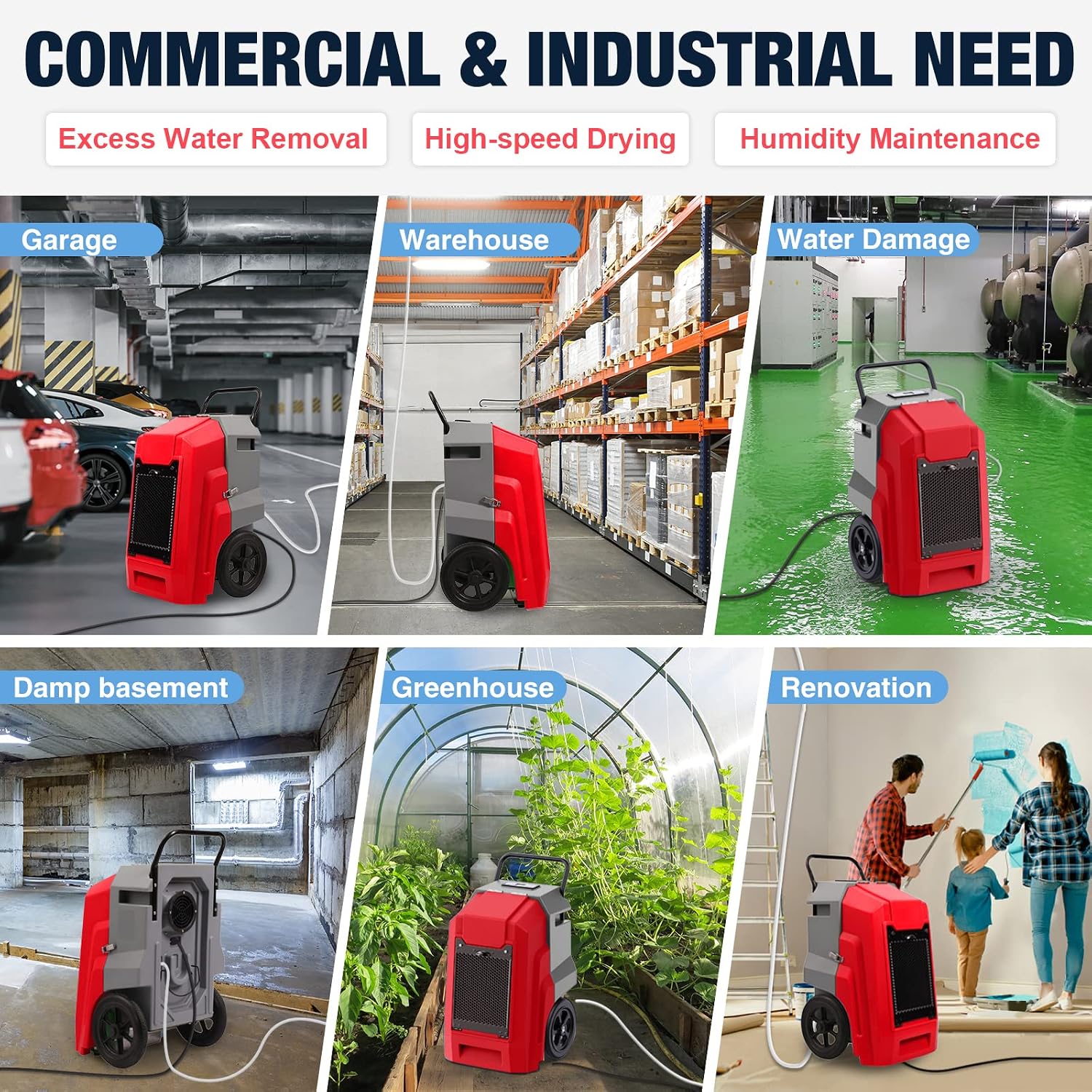 MOUNTO 180Pints Commercial Dehumidifier with Pump and Drain Hose, LGR Portable Dehumidifier with wheels for Home, Basements, Garages, and Job Sites. (Red)