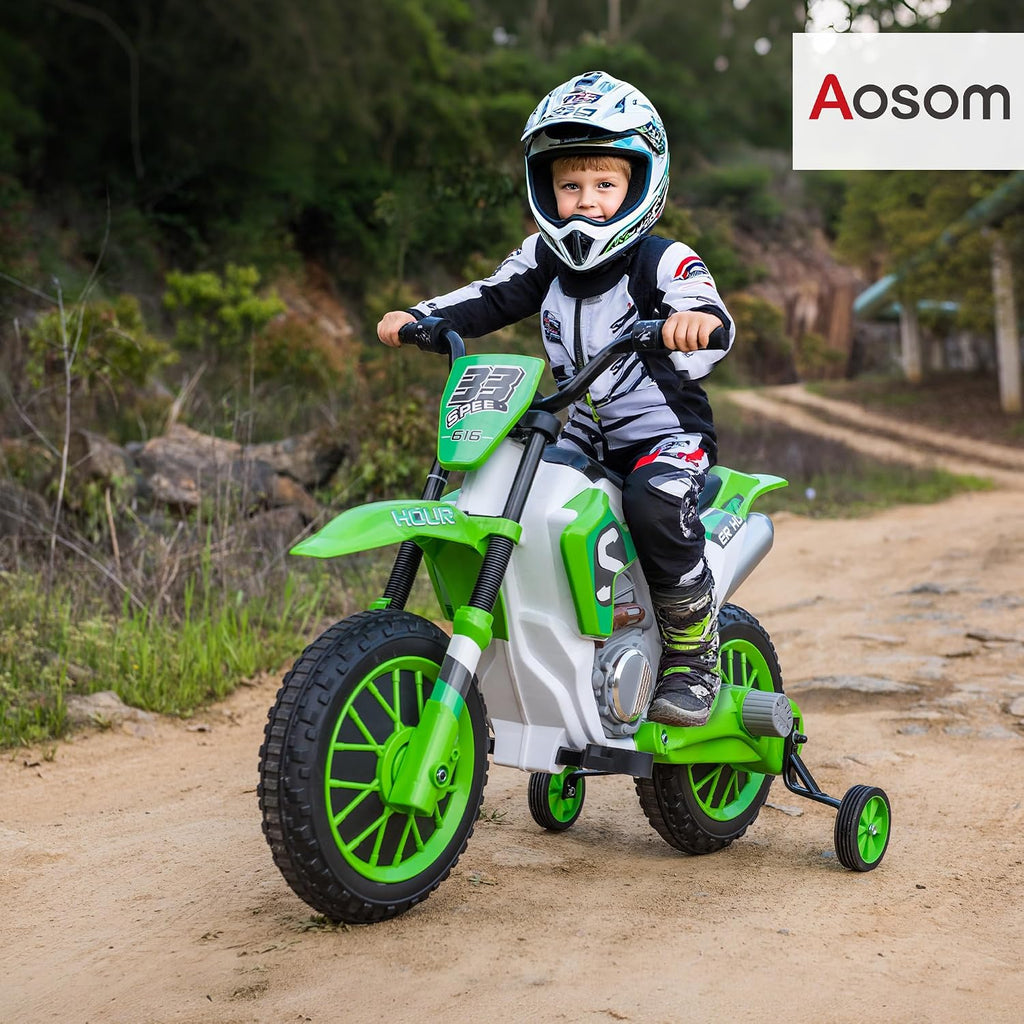 Aosom 12V Kids Motorcycle w/Treaded Tires, 5mph Top Speed Electric Bike for Kids, Ride On Motorcycle w/Training Wheels, Battery Charger, Spring Suspension, Green
