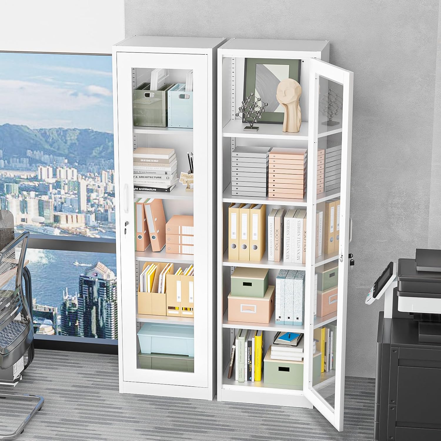 VINGLI Lockable Display Cabinet with Glass Door & 4 Adjustable Shelves, 65' Tall Metal Storage Cabinet Curio Liquor, Bookshelf Bookcase for Home Office Living Room Pantry Garage (White)