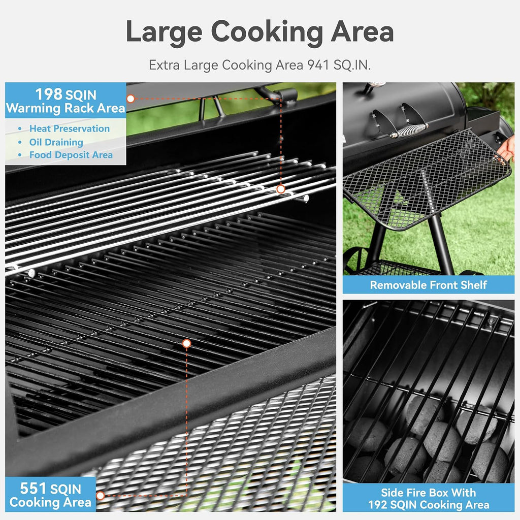 GREEN PARTY Offset Smoker Charcoal Grills with 37 Inch Cook Chamber, Barrel Smoker and Charcoal Grill Combo, 941 Sq. In. Space Barrel Smoker Grill for Outdoor BBQ Patio Backyard Cooking