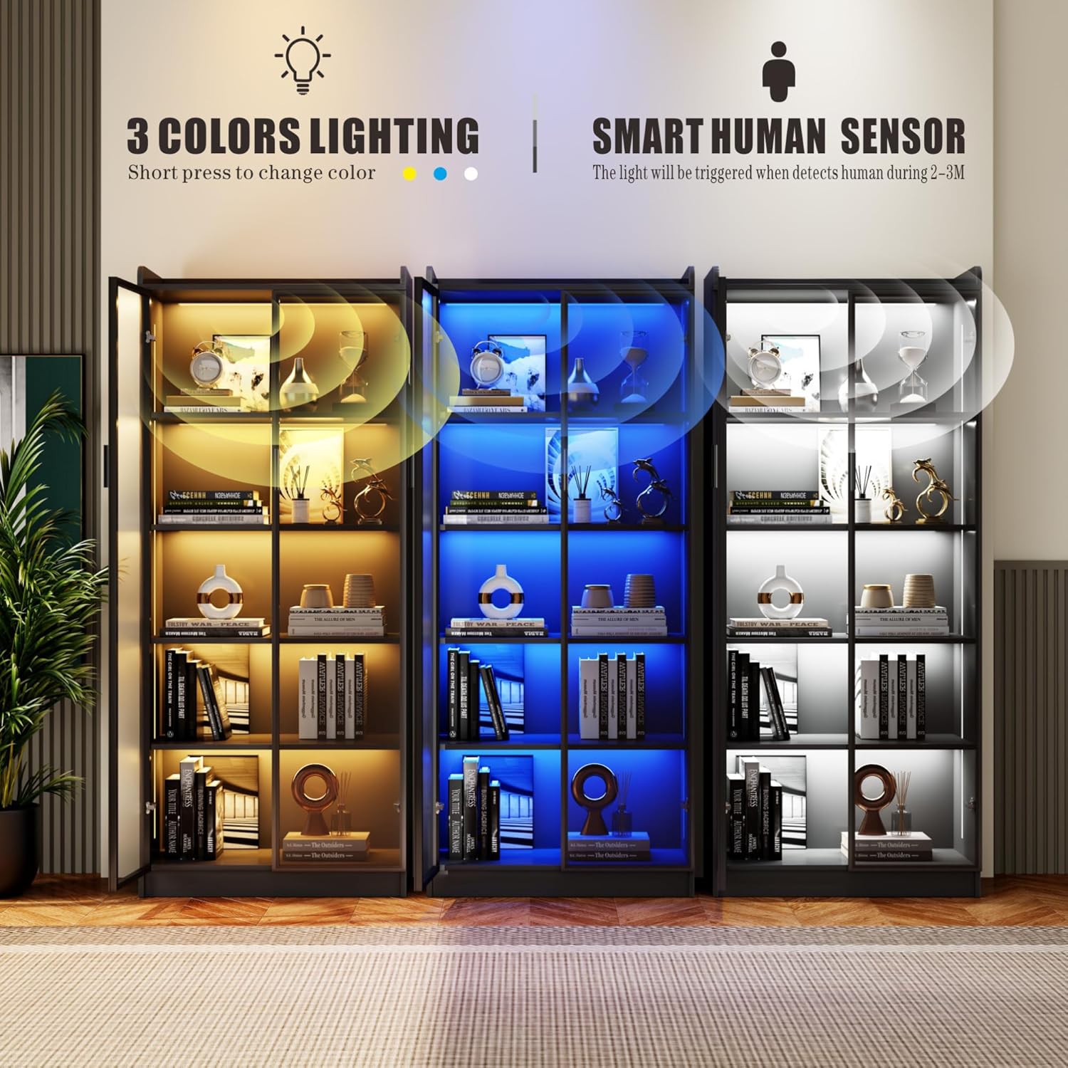 Dystler Display Cabinet with Doors and Adjustable Shelves, 65' Tall Bookcase with LED Lights/Human Sensor, 5 Tier Display Case for Collectibles Bedroom Living Room Office, Black