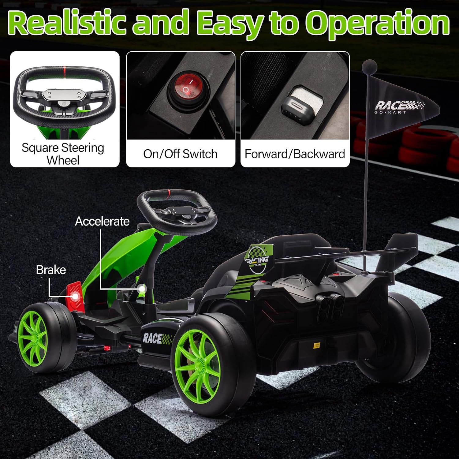 GarveeLife 24V Kids Ride on Go Kart, 7.5 mph Variable High Speed Drifting Car, 7ah Battery 200W*2 Motors,Ajustable Legroom for Kids Grows, Max Load 135 LBS, Power Display Racing Toy for 6+,Green