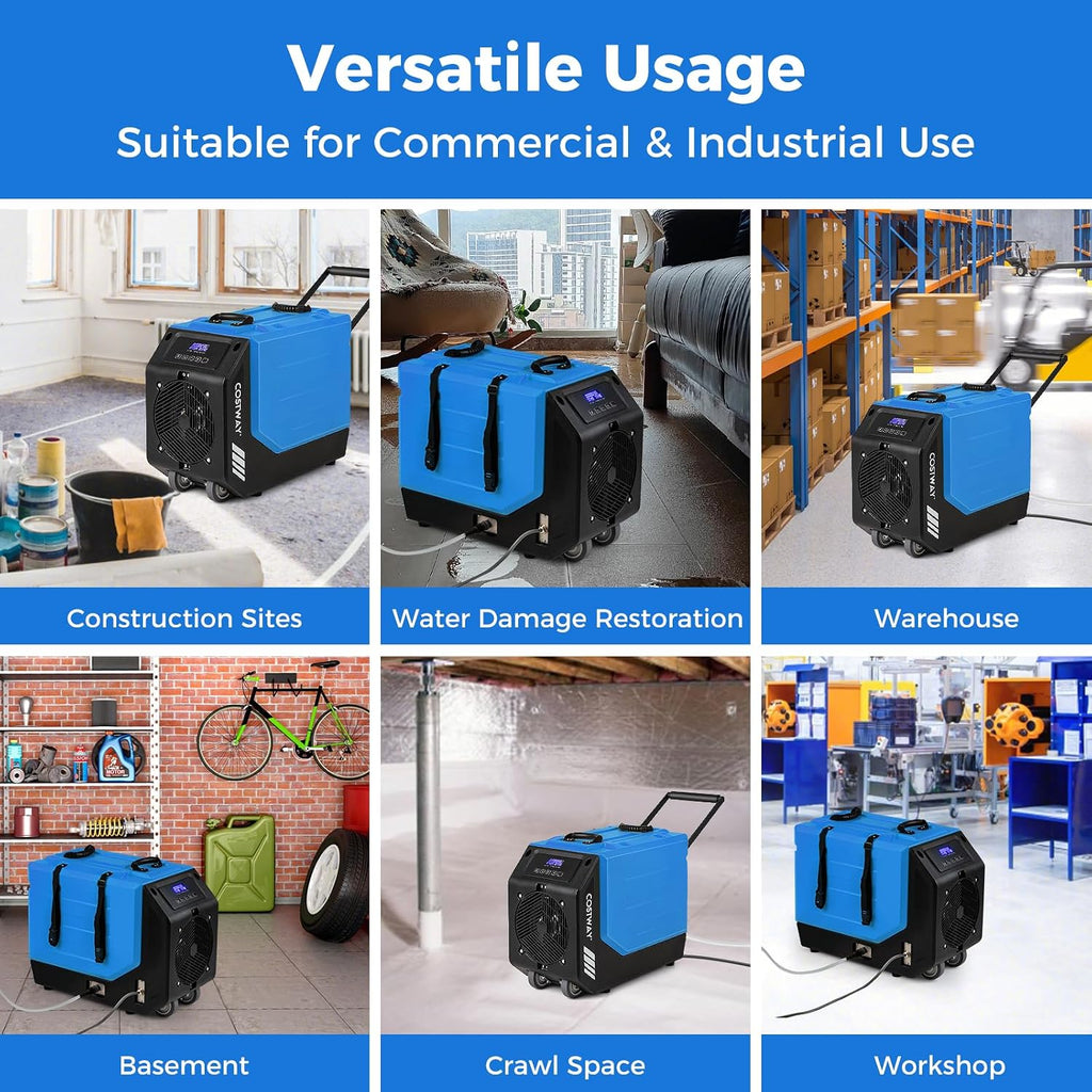 COSTWAY 190 PPD Commercial Dehumidifier with Pump, Rotational Molded Crawl Space Dehumidifier with 26Ft Drain Hose for Water Damage Restoration, Basement (Blue)