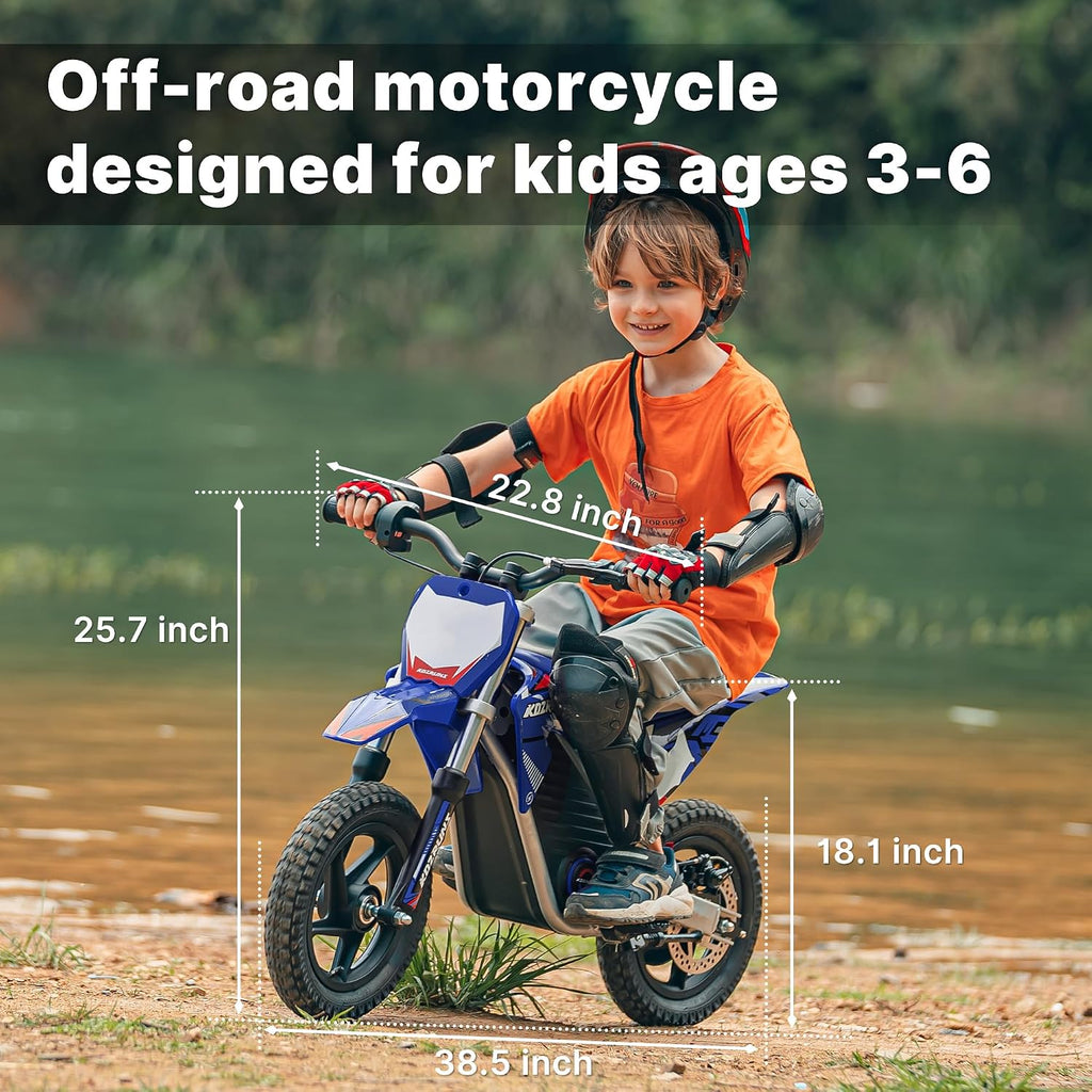 Electric Dirt Bike for Kids, Powerful Motorcycle for Ages 3-6, 24V 2.6Ah Lithium Battery, Dual Shock Absorption, 2 Speed Modes, Safe Disc Brake, 12Inch Off Road Tires, Blue