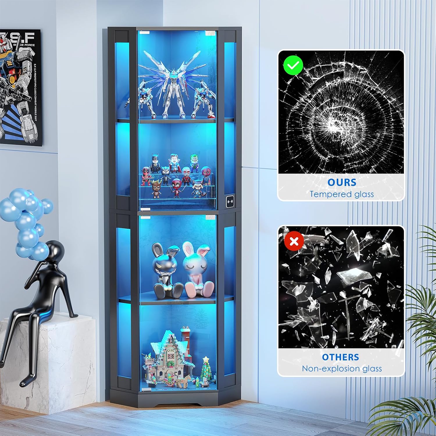 BROTTAR 65' Corner Glass Display Cabinet with LED Lights, 4-Tier Showcase Display Case with Glass Doors & Human Body Sensor for Collectibles, Liquor, Black