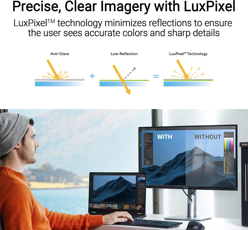 ASUS ProArt Display 27' 5K HDR Professional Monitor (PA27JCV) - 5K (5120 x 2880), IPS, 99% DCI-P3, 100% sRGB, ΔE < 2, USB-C PD 96W, Calman Verified, Color Accurate, LuxPixel, 3 yr Warranty