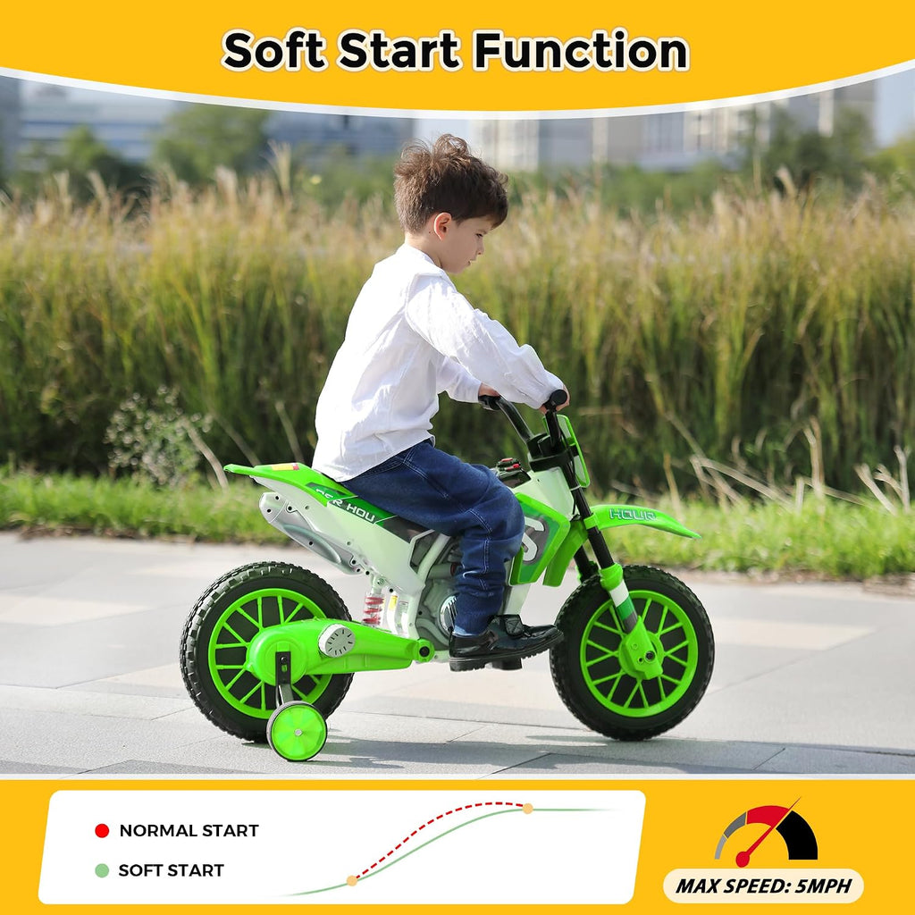 TOBBI Electric Motorcycle for Kids 12V Dirt Bike Ride on Toy Battery Powered Motorbike Off-Road Motocross Kid Motorized Vehicles w/ 2 Speeds, 35W Dual Motors, Training Wheels, Green