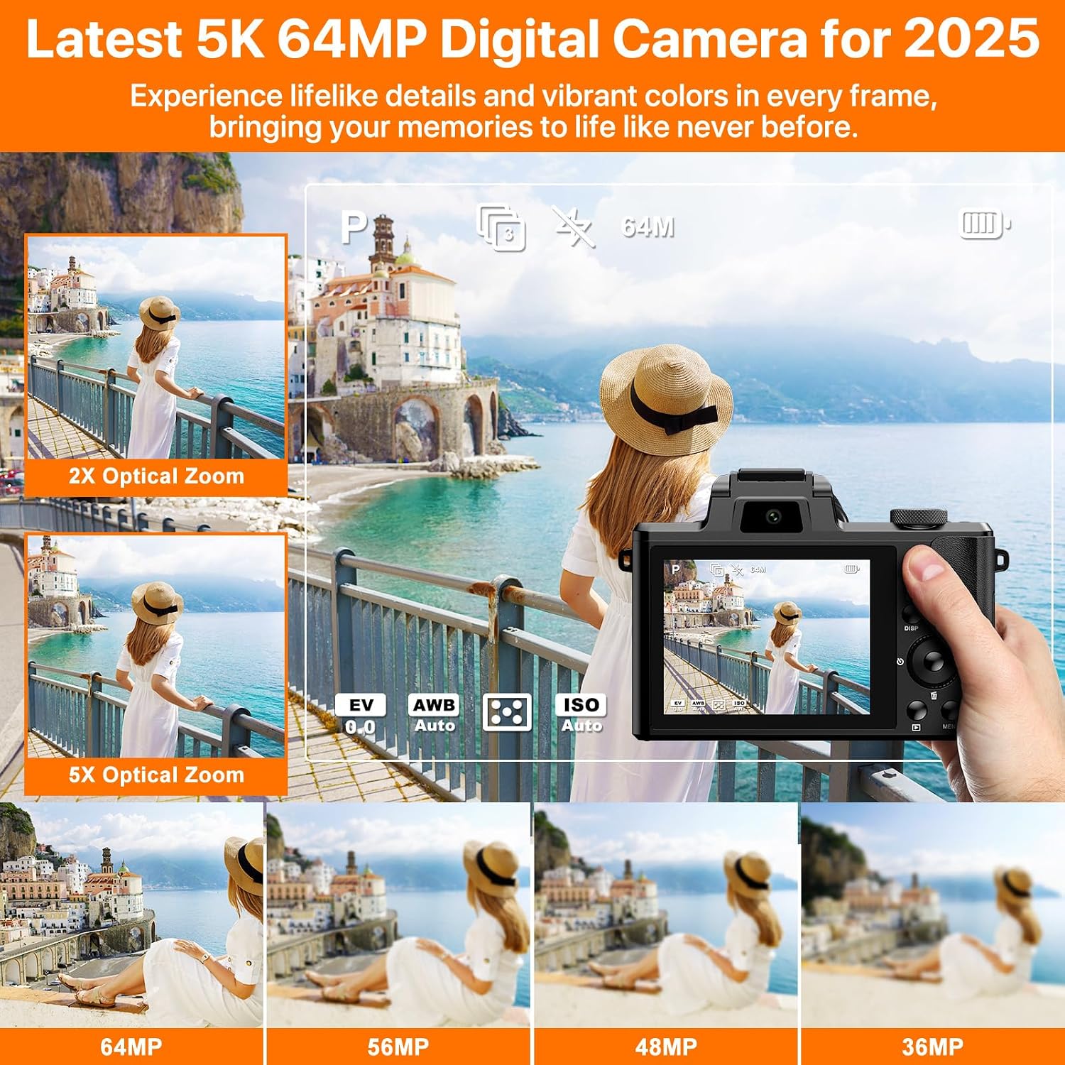 5K Digital Camera 64MP Cameras for Photography, 5X Optical Zoom Compact Travel Camera Front and Rear Dual Cameras Vlogging Camera for YouTube with 3.2' IPS Touchscreen, 64G TF Card, 2 Batteries