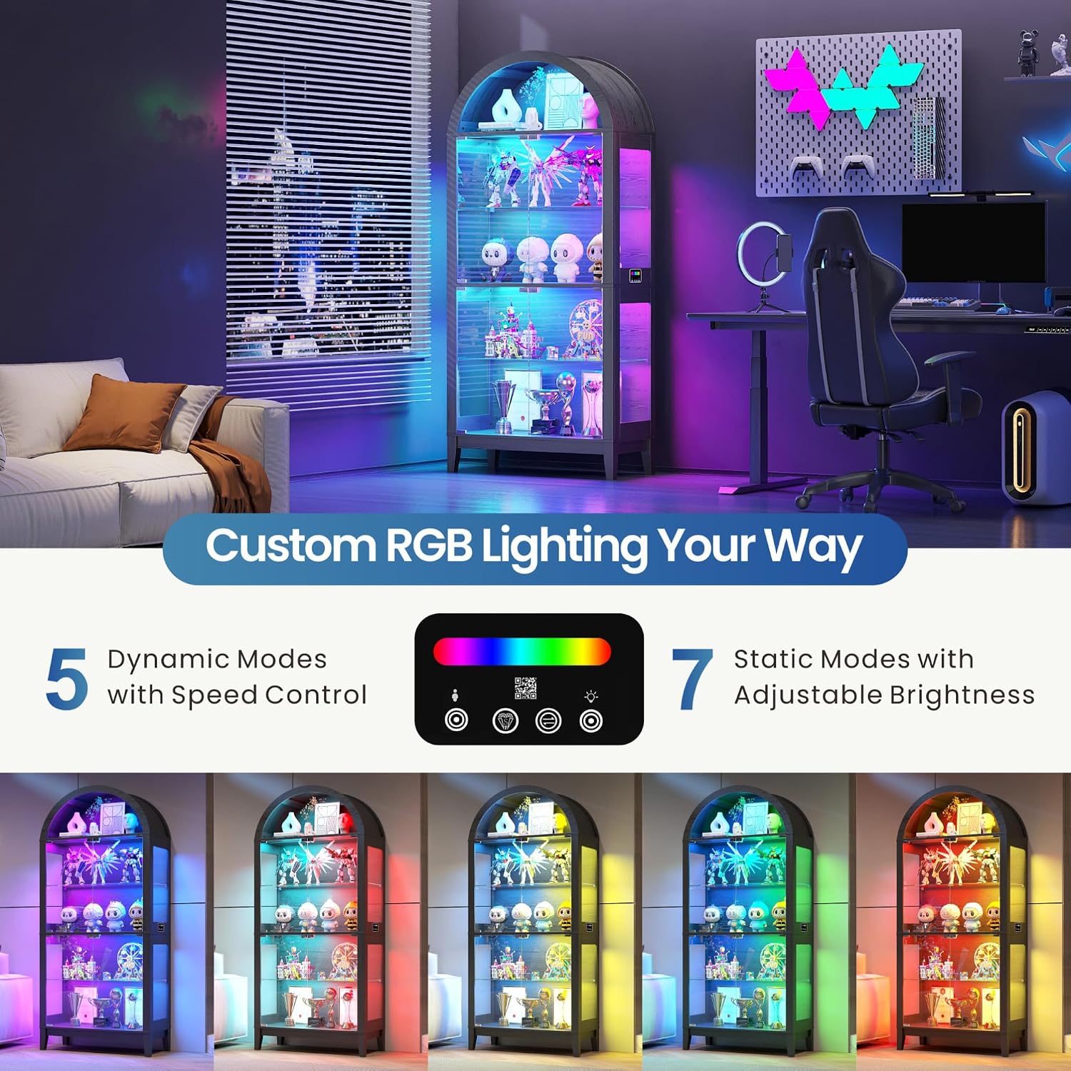 Lvifur Display Cabinet with - Glass Doors,Arched Curio Cabinet with RGB Lights for Collectibles,5-Tiers Tall Display Case with Human Sensor,Showcase Cabinet with Glass Shelf for Living Room (Black)