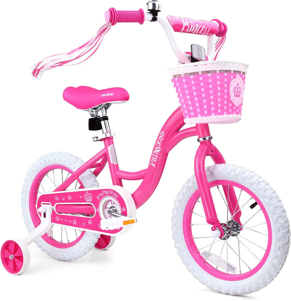 bicystar Girls Bike for Toddlers Ages 2-5 Years, 12 14 16 Inch Princess Kids Bike with Training Wheels, Sparkling Frame, Basket, Streamers, Pink Pedal Bicycle, Birthday Gift