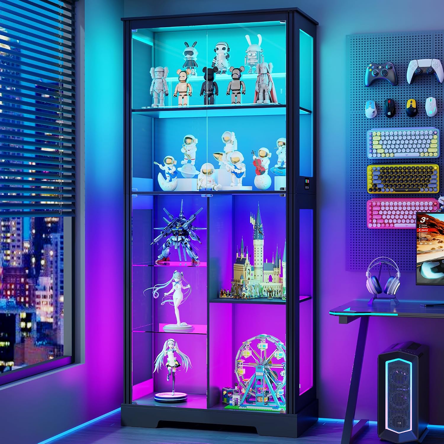 71' Glass Display Cabinet with RGB Light - Curio Cabinet with Glass Doors for Collectibles, 7-Tiers Tall Display Case with Human Sensor, Showcase with Removable Shelves for Figures, Lego (Black)