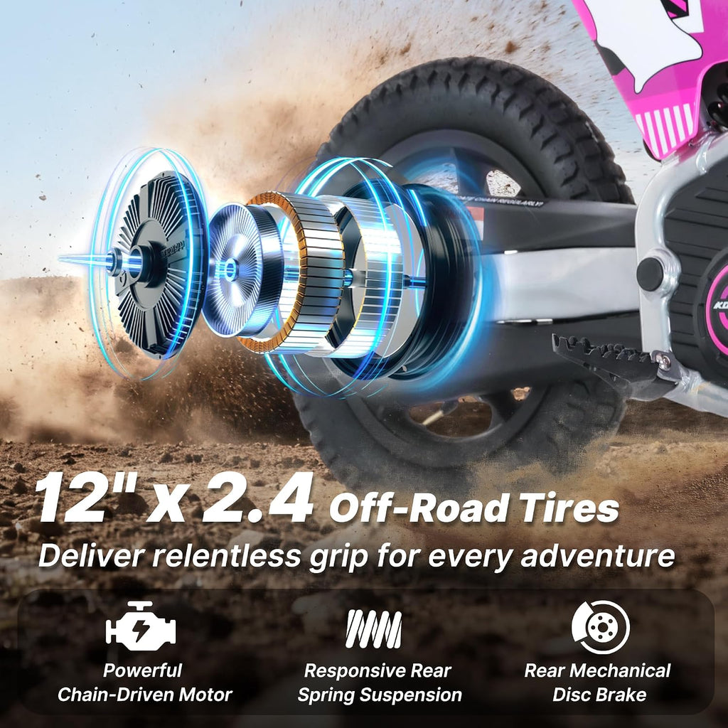 AIII Electric Dirt Bike for Kids 3-7, High Performance Racing Grade Motorcycle, Up to 8MPH, 2 Speed Settings, 12-Inch Off-Road Tires, Rear Disc Brakes & Advanced Shock Absorption, Pink