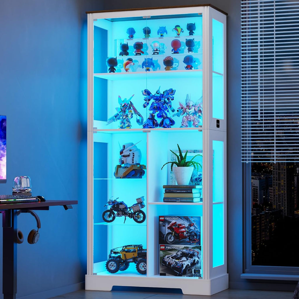 Lvifur Display Cabinet with Glass Doors, Modern Curio Cabinet with 3 Color Lights, 7-Tiers Glass Display Cases for Collectibles, Tall Storage Cabinet with Human Body Sensor for Living Room (White)