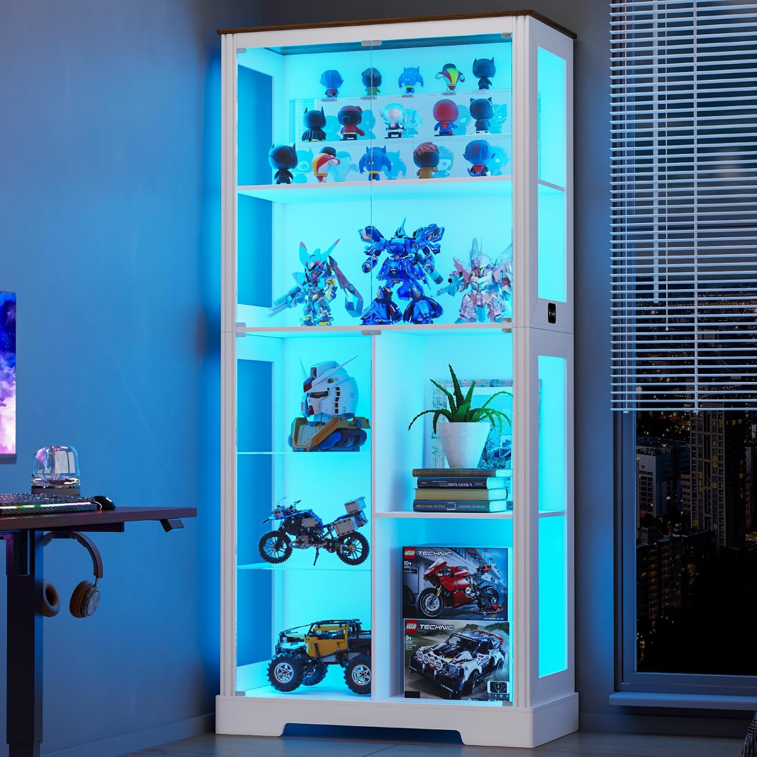 Lvifur Display Cabinet with Glass Doors, Modern Curio Cabinet with 3 Color Lights, 7-Tiers Glass Display Cases for Collectibles, Tall Storage Cabinet with Human Body Sensor for Living Room (White)