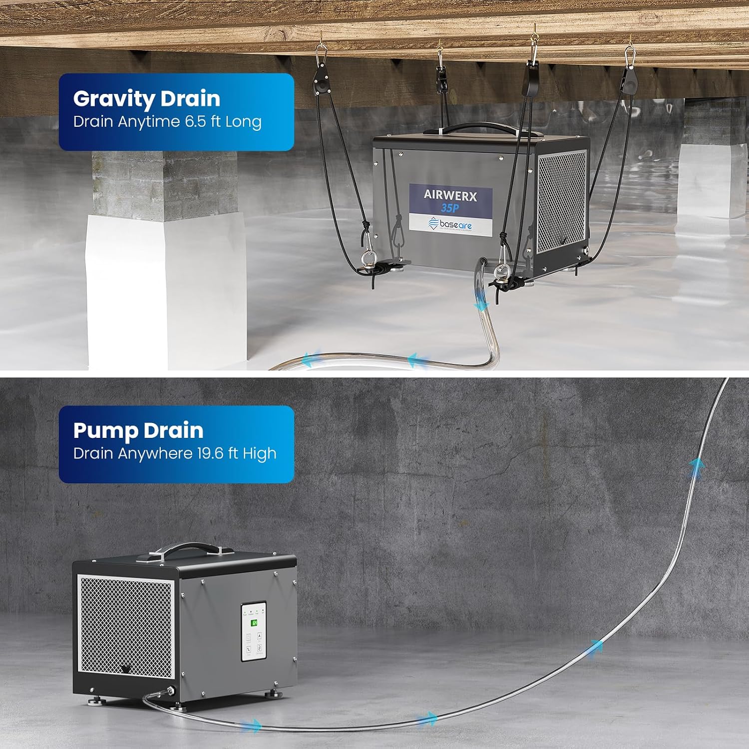 BaseAire Crawlspace Dehumidifier with Pump, Compact Dehumidifiers for Commercial, Basement and Water Damage with Drain Hose, 70 PPD, Auto Defrost, GLGR Technology, Up to 1000 Sq Ft