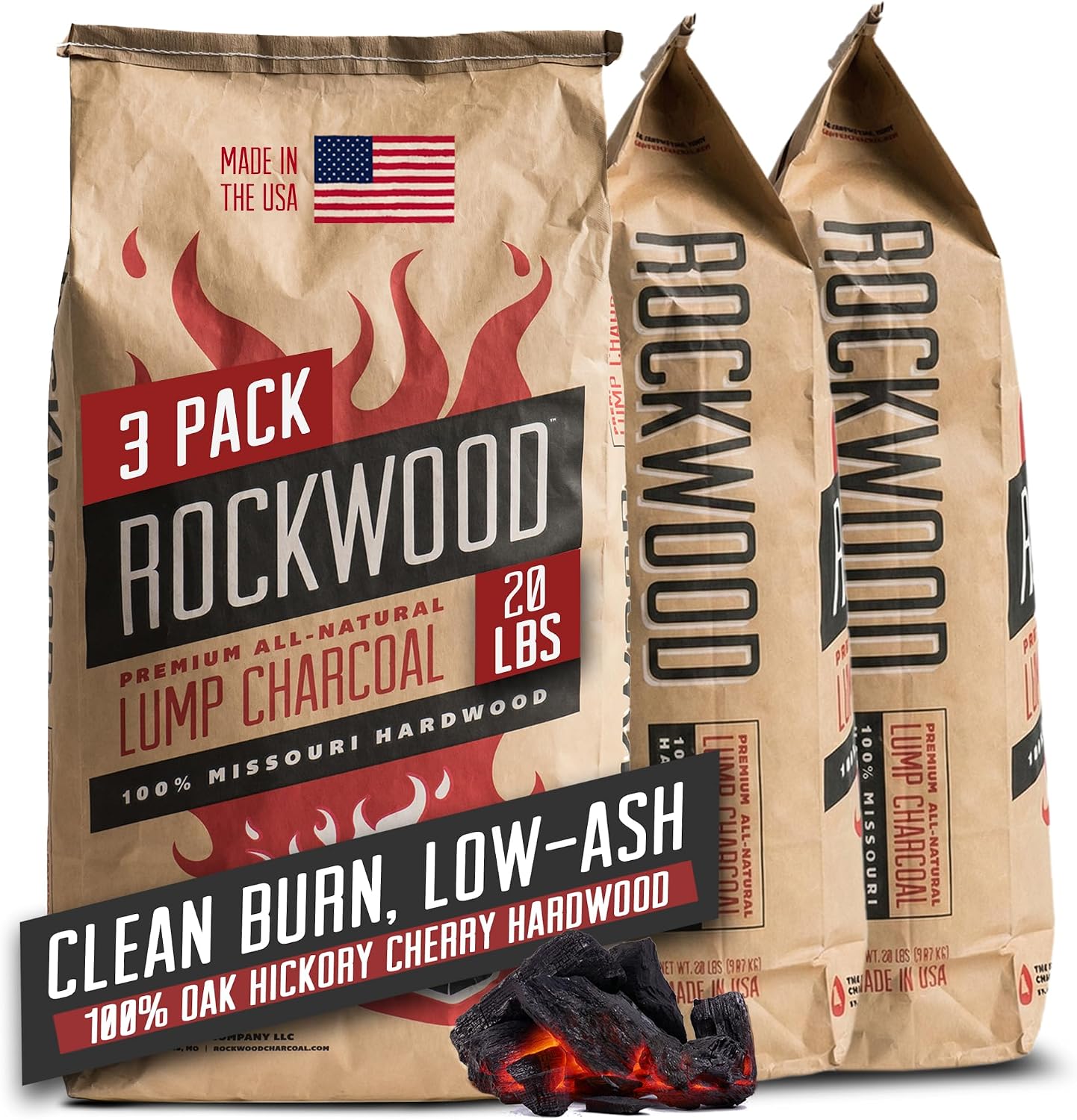 Rockwood Natural Lump Charcoal – Hardwood Lump Charcoal Blend of Oak, Hickory & Cherry for Clean Burn, High-Heat Grilling & Smoky Flavor Barbecue – Ideal for Kettle & Kamado Grills – 20lbs (3 Packs)
