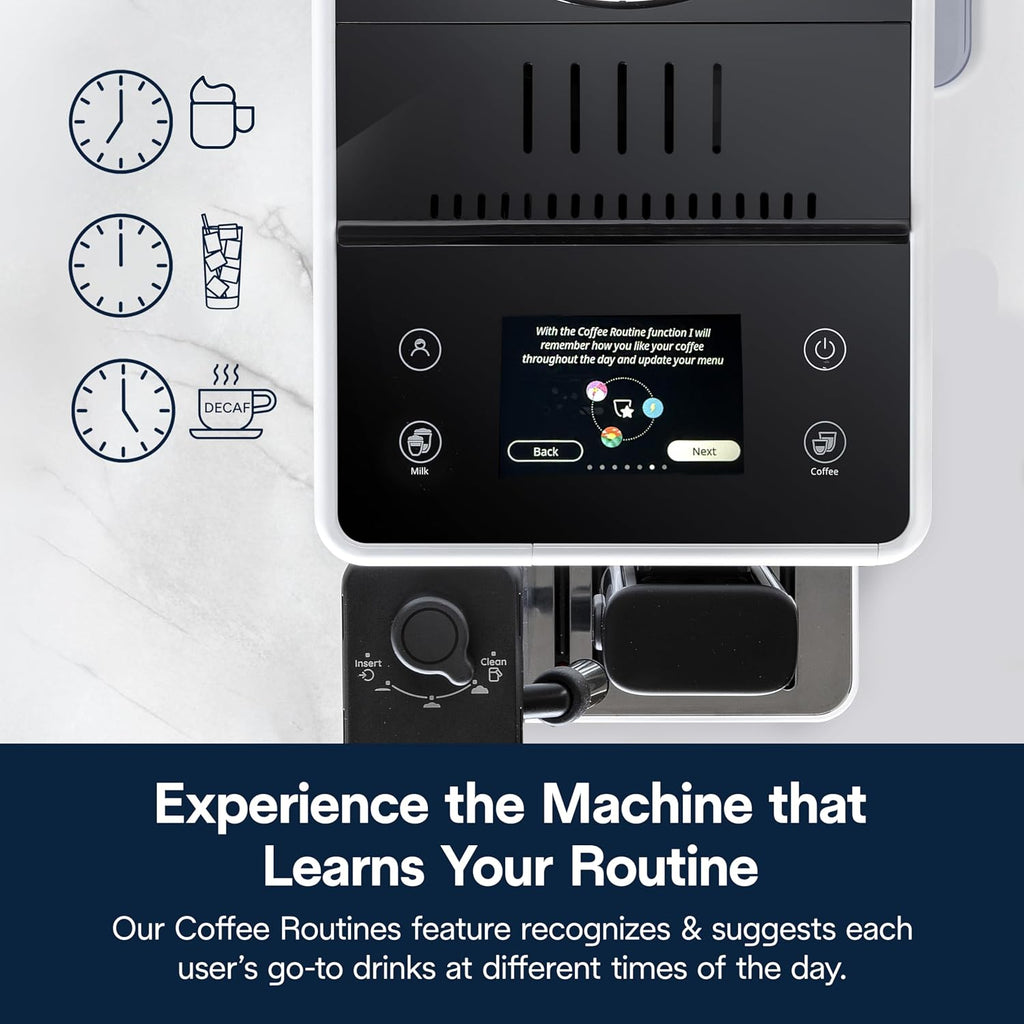 De'Longhi Rivelia Automatic Espresso Machine with Grinder & Milk Frother – All-in-One Coffee Maker, Hot & Iced Latte, Cappuccino, Bean Switch System, Burr Grinder, Compact Italian Design, White