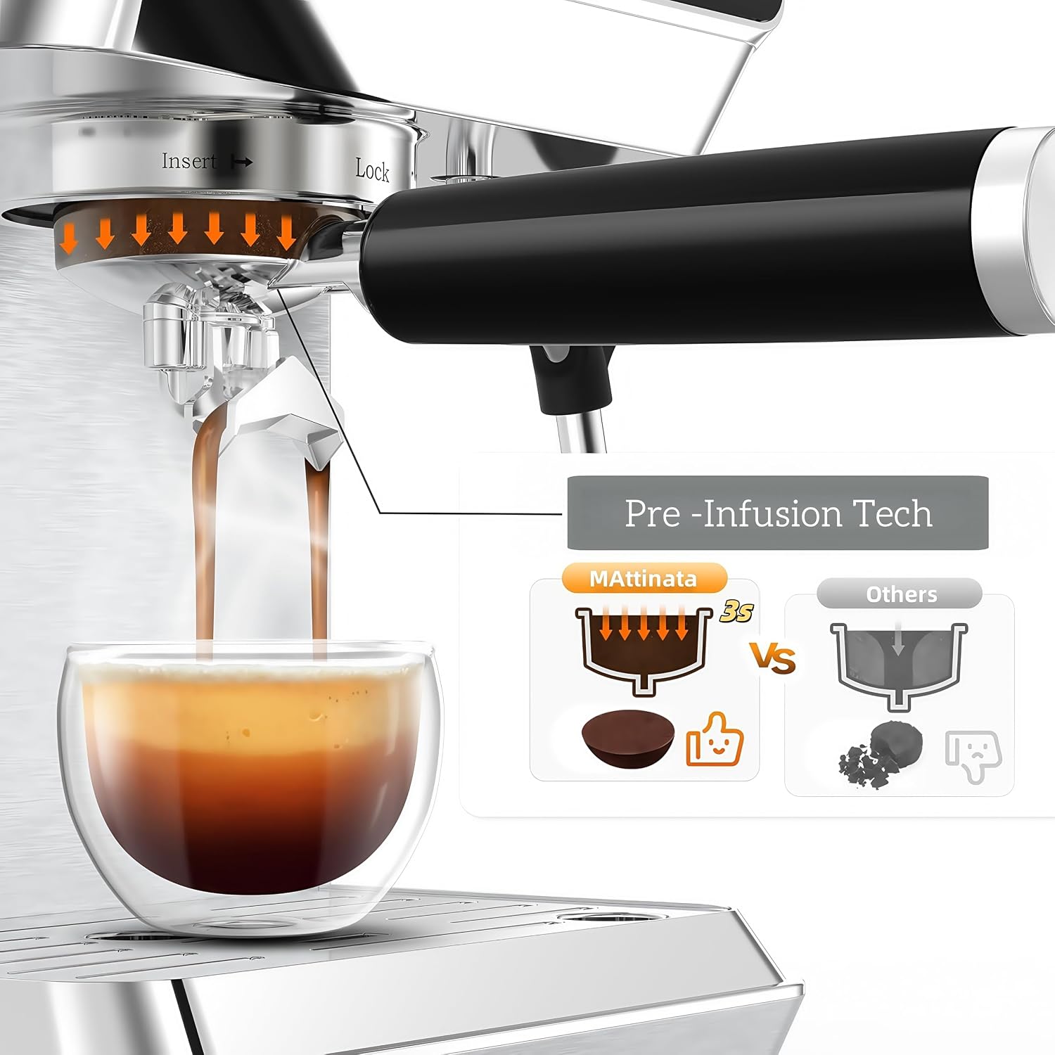 MAttinata Espresso Machine 20 Bar, Espresso Coffee Maker with Professional Milk Frother Steam Wand for Cappuccino & Latte, 60oz Removable Water Tank for Home，Stainless Steel