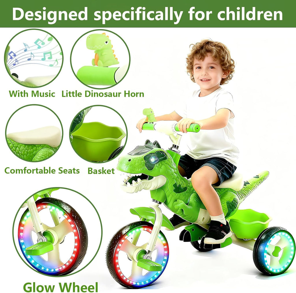 NMM Dinosaur Tricycle for Toddlers, Kids Trike with Music, LED, Tricycles for 3-5 Year Olds, for Rider, Big Wheel, Storage Basket, Horn, Toddler Bike for Boy, Dinosaur Toys for Kids 2-4 4-7