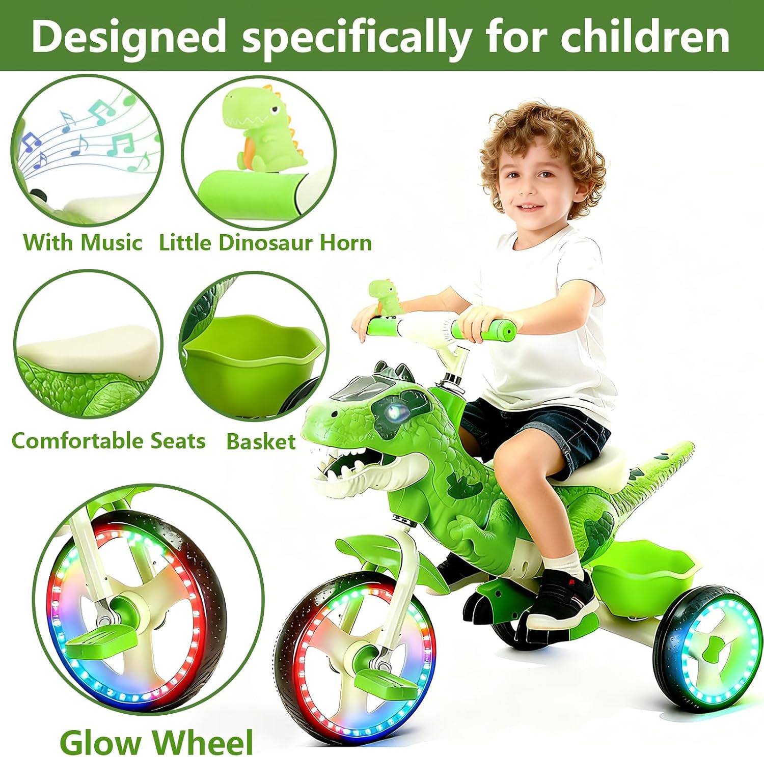 NMM Dinosaur Tricycle for Toddlers, Kids Trike with Music, LED, Tricycles for 3-5 Year Olds, for Rider, Big Wheel, Storage Basket, Horn, Toddler Bike for Boy, Dinosaur Toys for Kids 2-4 4-7