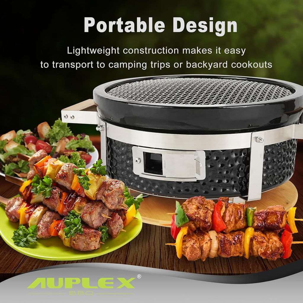 Yakitori Ceramic Charcoal Grill, Japanese Style Tabletop BBQ With Bamboo Heat Shield For Indoor/Outdoor, Round, DIA-14'