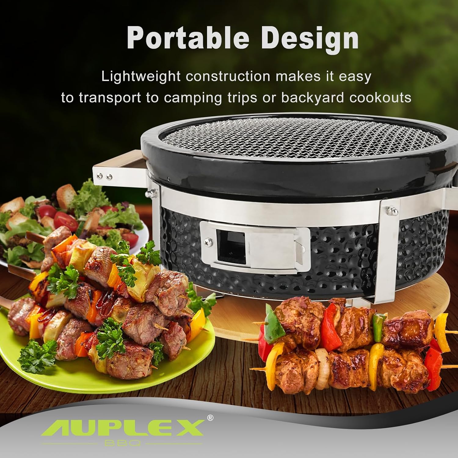 Yakitori Ceramic Charcoal Grill, Japanese Style Tabletop BBQ With Bamboo Heat Shield For Indoor/Outdoor, Round, DIA-14'