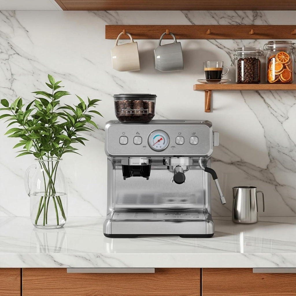 Kndko Espresso Machine with Grinder, 20 Bar Automatic Espresso Maker with Milk Frother Steam Wand, Removable Water Tank, Latte & Cappuccino Machine for Home Barista