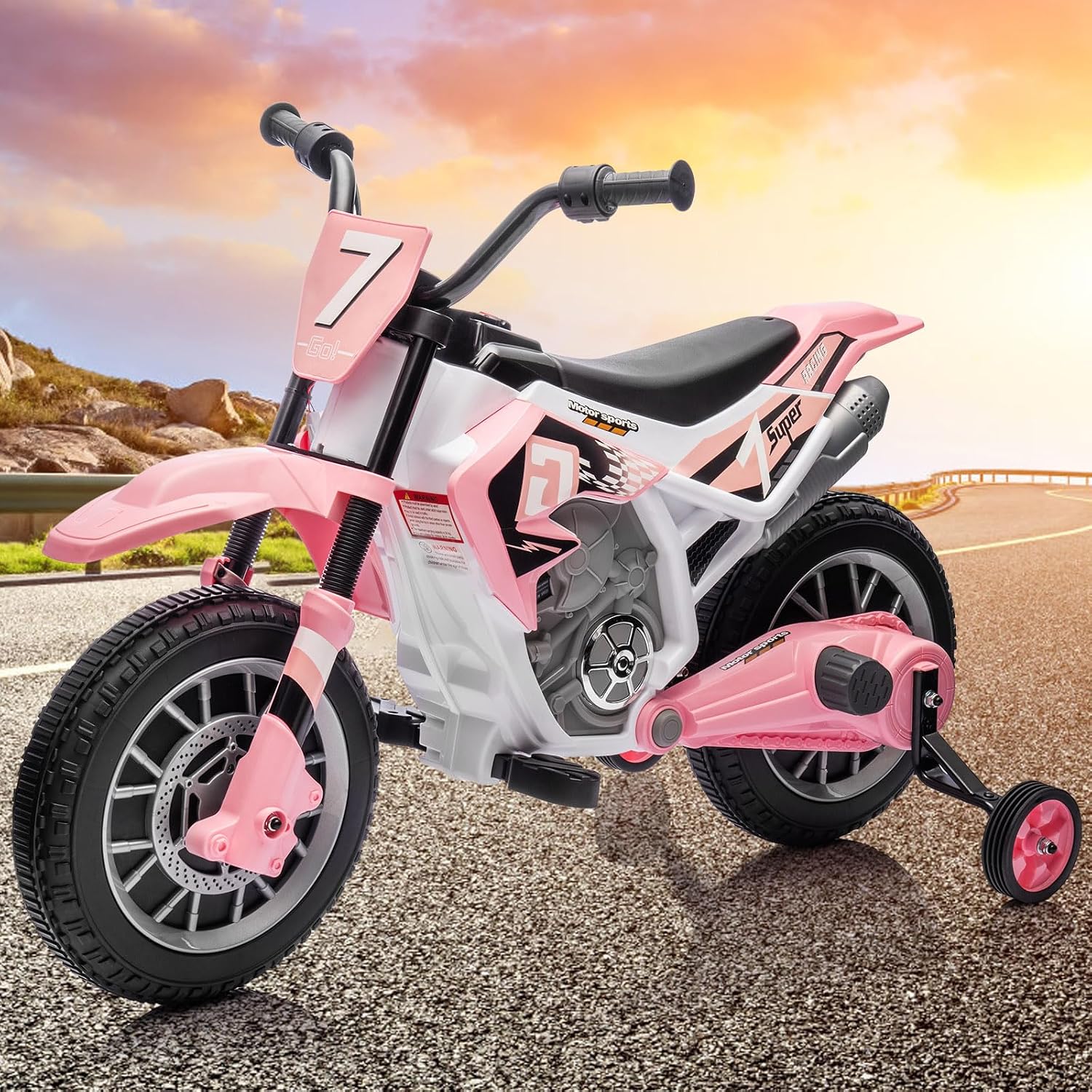 JOYLDIAS Kids Motorcycle Dirt Bike, 12V7AH Battery-Powered Ride On Motorcycle for Kids, Off-Road Street Bike w/Music, Training Wheels, Spring Suspension, High/Low Speeds, Pink