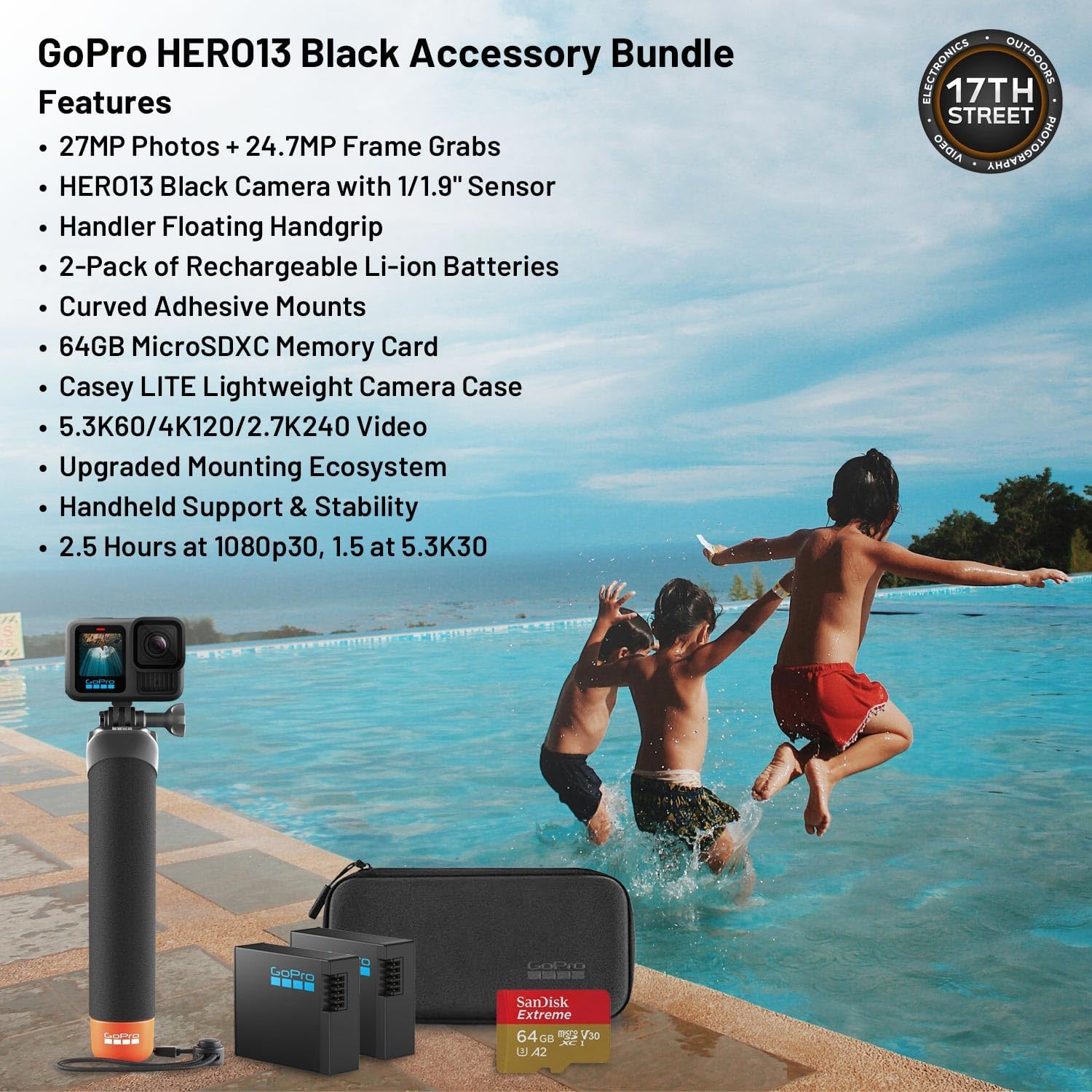 GoPro Hero13 Black 27MP Waterproof Action Camera - Special Accessory Bundle | 5.3K60 Ultra HD Video w/Handler, 2 Enduro 1900mAh Batteries, 64GB Extreme microSDXC Memory Card and Head Strap 2.0