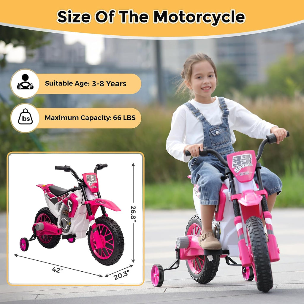 Toddler Motorcycle Kids Dirt Bike TOBBI 12 Volt Battery Powered Ride On Toys Electric Motorbike w/Training Wheels Gift for Boys Girls Ages 3-8 Years, Rose Pink
