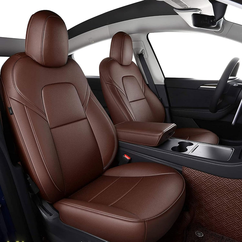 Seat Cover Custom Fit for Tesla Model Y 5 Seat Synthetic Leather Car Seat Cushion Protector for 2020 2021 2022 2023 2024 Customized (Lichi Brown Model Y)