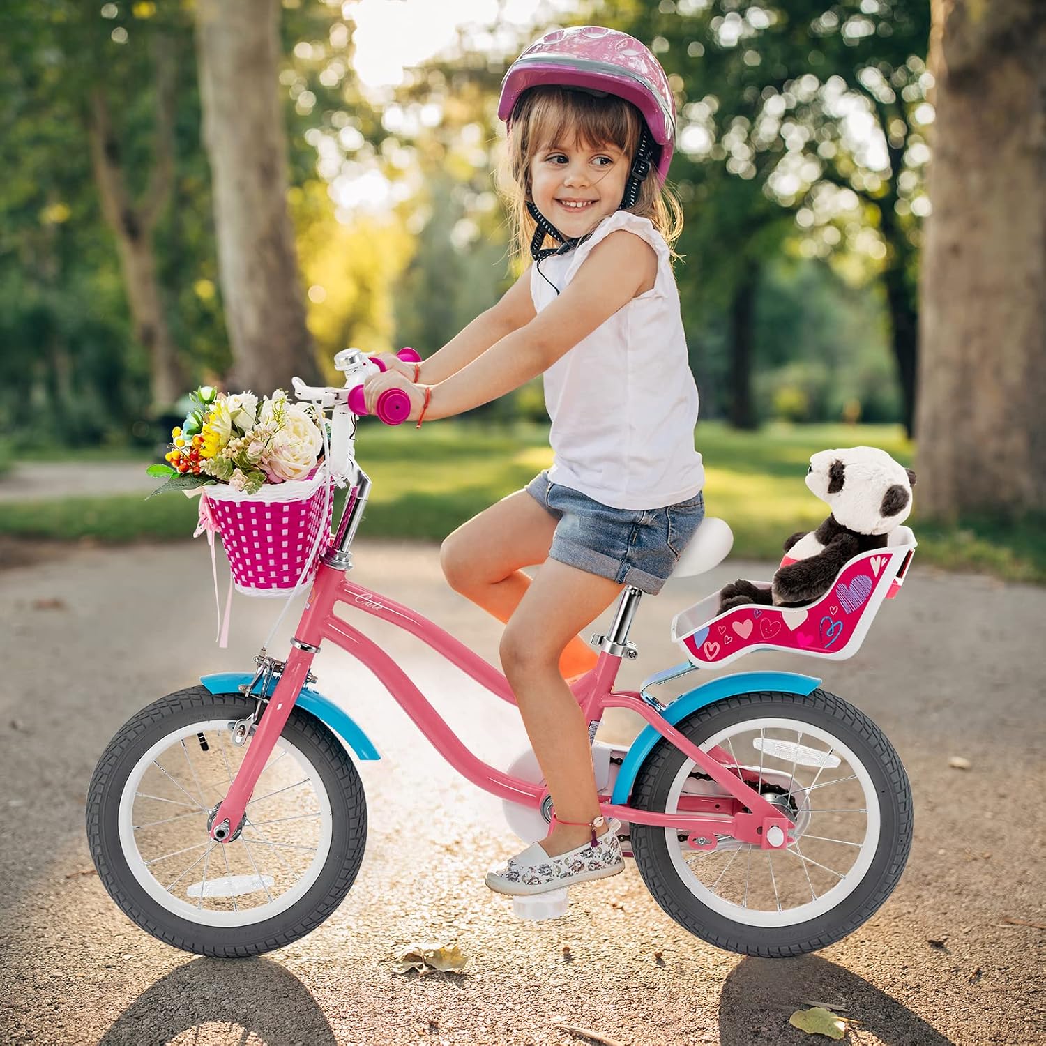 BABY JOY Kids Bike, 12 14 16 18 20 Inch Girls Bike w/Detachable Training Wheels or Kickstand, Storage Basket, Adjustable Seat & Handlebar, Bow or Streamer, Children Bicycle for 3-8 Years Old