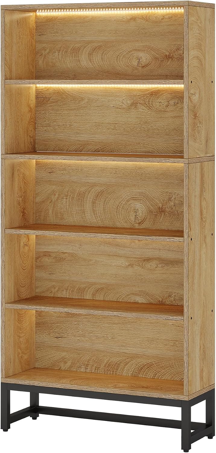 Tribesigns Tall Bookcase and Bookshelf, 70.8' Large Bookcases Organizer with LED Lights, Heavy Duty Free-Standing Library Bookshelf with 5-Tier Storage Shelves for Living Room, Bedroom (Brown)