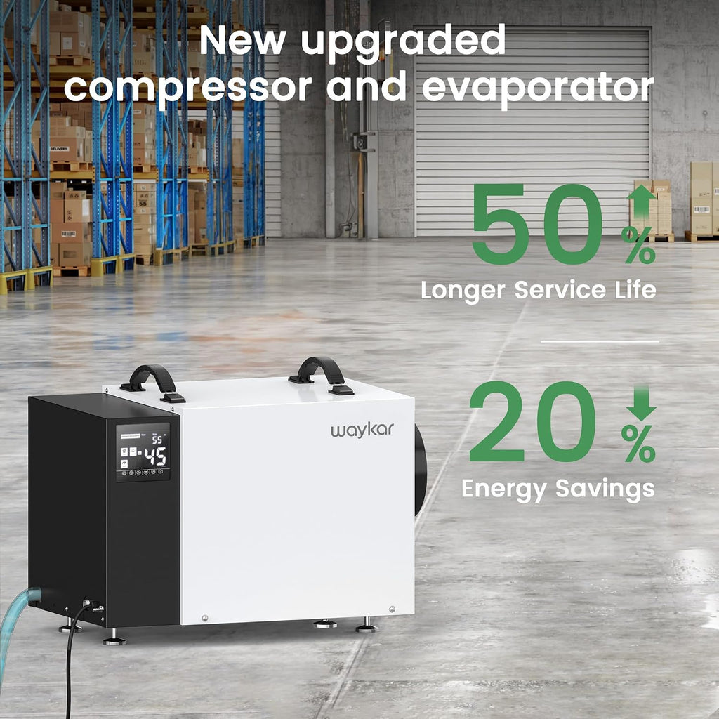 Waykar 125 Pint Crawl Space Dehumidifier with Pump & Drain Hose for Basements, Commercial & Water Damage Spaces up to 6500 Sq. Ft., Compact, Strong Dehumidification, 5-Year Quality Coverage