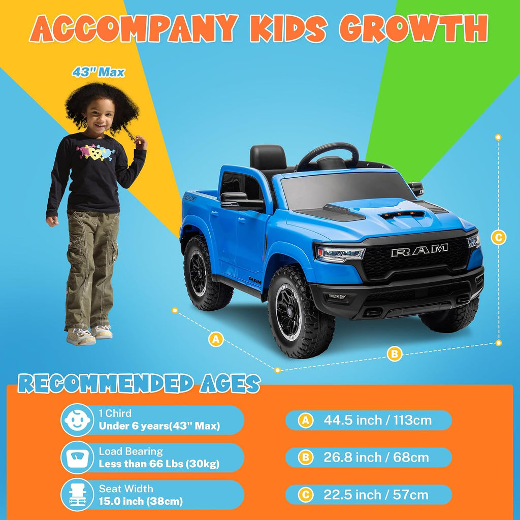ENYOPRO 12V Licensed Ram 1500 RHO Ride on Truck, Electric Car for Kids to Drive, Toddler Ride On Toys w/Remote Control, Truck Bed Storage, Smooth Start, Bluetooth, USB, LED Lights, Max 3.5 MPH, Blue
