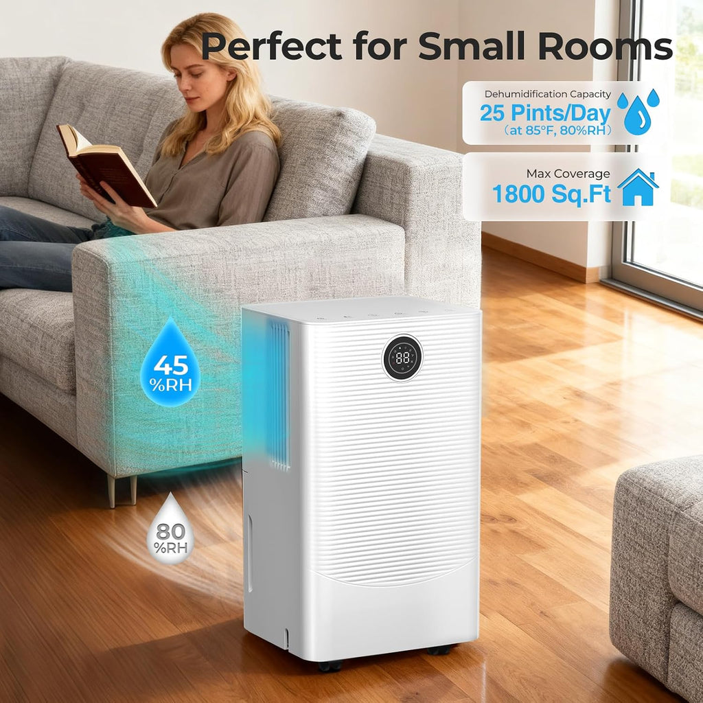 Electactic 25 Pint Dehumidifier for Bedroom Bathroom Basement, 38dB Quiet, Precise Humidity Control, 3 Modes, Drain Hose & 0.53 Gal Water Tank, Small 1800 Sq.ft Dehumidifiers for Apartment RV Dorm