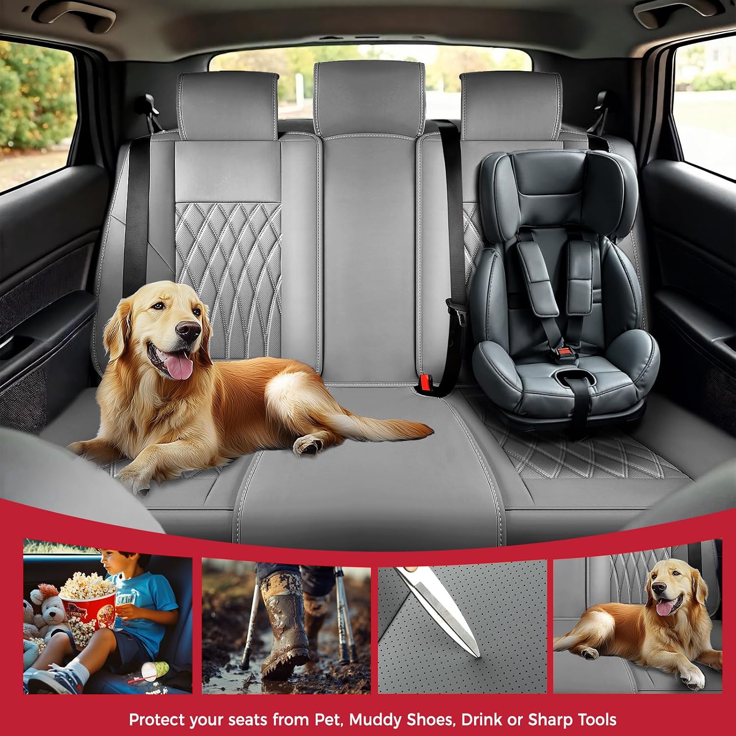FREESOO Gray Car Seat Cover Full Set - Faux Nappa Leather Seat Covers for Cars, Luxury Breathable Waterproof Front Seats Cushion Protectors with Lumbar Support, Universal Fit for Sedans SUVs Pickups