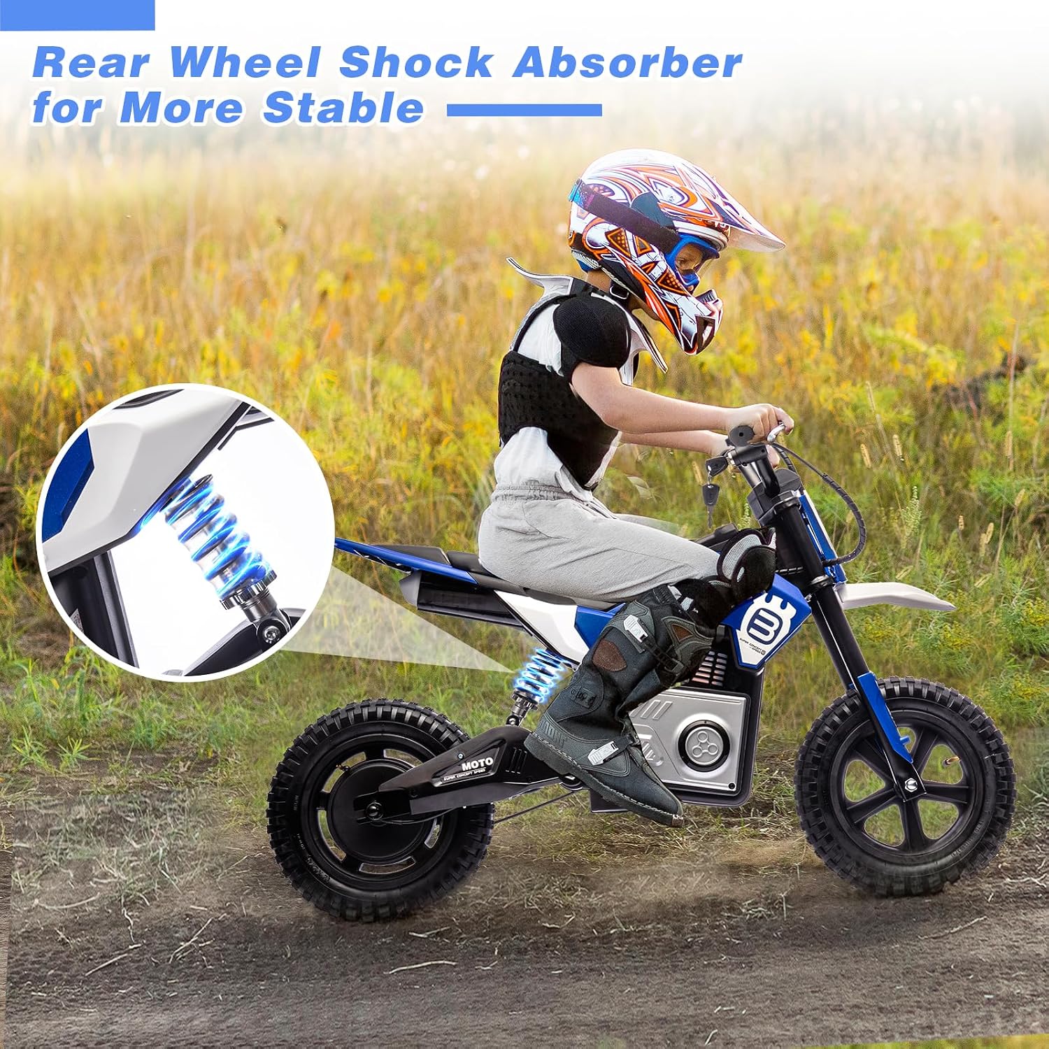WEEROCK 24V Kids Electric Dirt Bike for 5-15 Years Old, 200W Ride on E-Motorcycle 3.11-9.32MPH Speed, Rear Shock Absorber, LED Breath Lamp, Bluetooth for Boys Girls Children Electria Toy Gift, Blue