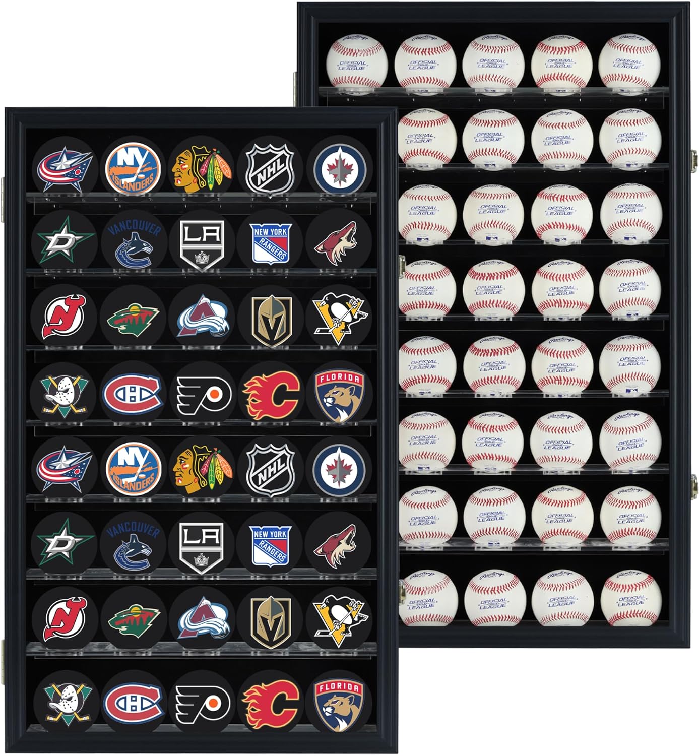 40 Hockey Puck Display Case Cabinet Holder Rack Baseball Display Case Baseball Cubes Showcase Cabinet with UV Protection Door Lockable, Black Finish Frame